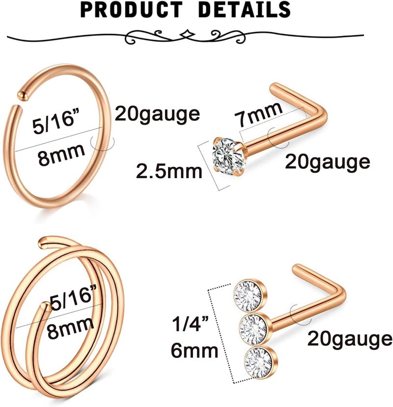 MODRSA Nose Rings 20g Nose Rings Hoops Nose Studs Nose Rings for Women Surgical Steel Nose Hoops 20 Gauge Nose Screw Nose Piercing Jewelry Silver Rose Gold - Image 2